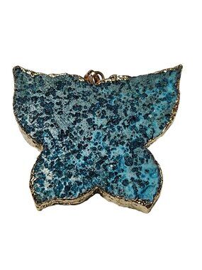 Handmade Blue Druzy Butterfly Pendant Geode Slice Gold Tone Trim Jewelry Craft